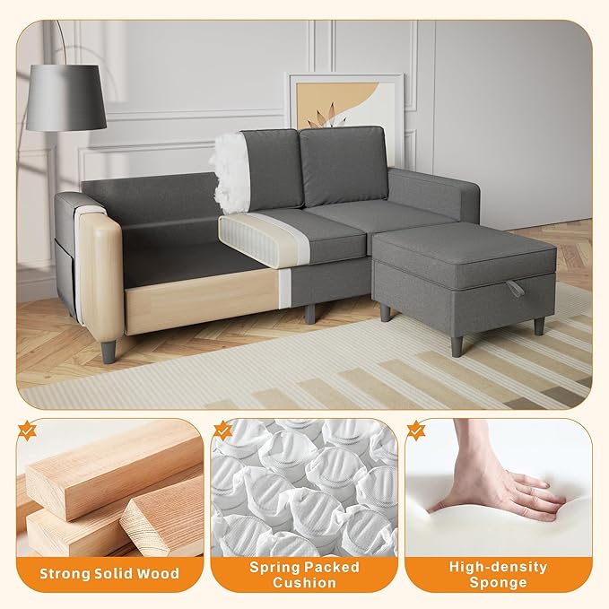 Sectional Sofa Couches for Living Room, Comfy Fabric Convertible Sectionals