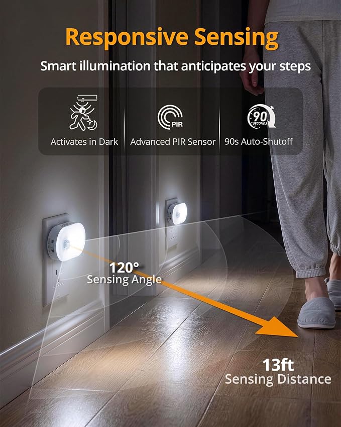 Lyridz 120LM Ultra Bright Plug-in Motion Sensor Night Light, Stepless Dimmable LED Nightlight, Always-On and Auto-Off, for Hallway, Stairs, Bathroom, Bedroom, Garage, Cool White (2-Pack)