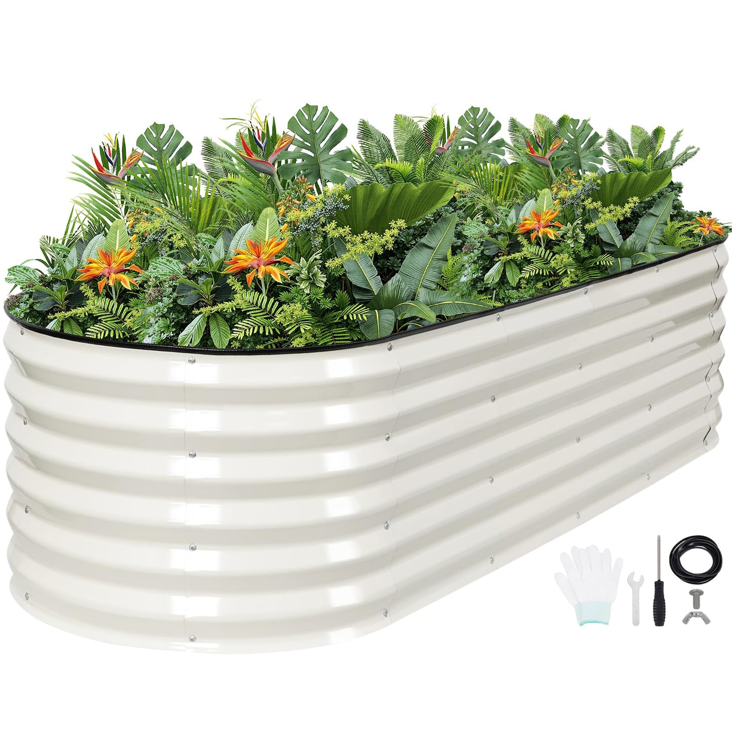 G GOOD GAIN Raised Garden Beds - 6x2x1.4ft Galvanized Planter Boxes Kit with Protective Tape & Gloves & Tools | Oval Metal Outdoor Raised Bed for Gardening Vegetables, Fruits, Flowers, Herbs, White