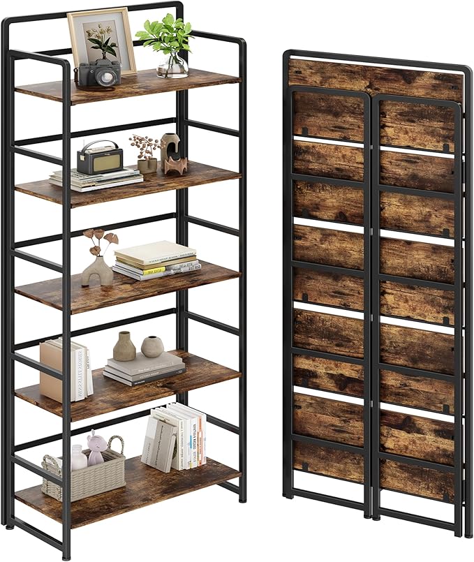 No Assembly Folding Bookshelf, 5 Tiers Collapsible Book Shelf