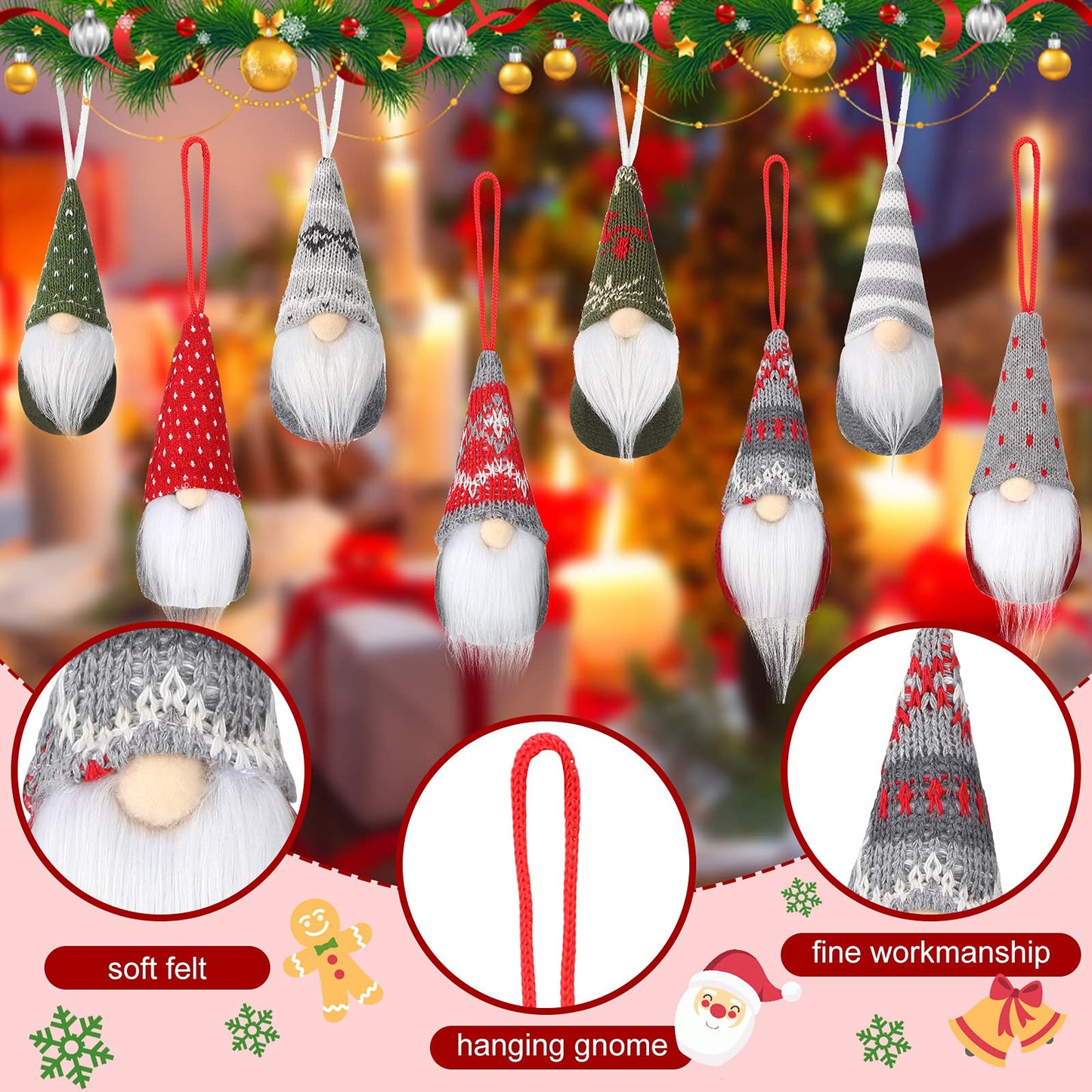 Skylety 16 Pieces Christmas Gnome Ornaments for Tree Christmas Tree Hanging Decorations Dolls Scandinavian Swedish Tomte Gnomes Handmade Plush Santa for Home Tabletop Party Decor