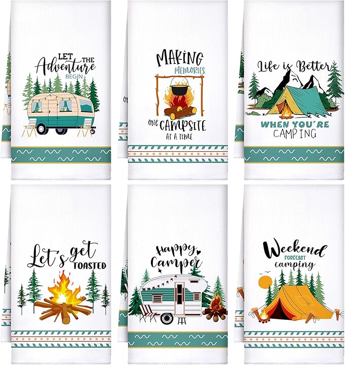 Boyiee Set of 6 Camping Kitchen Towels White Absorbent Dishcloth Bonfire Tent