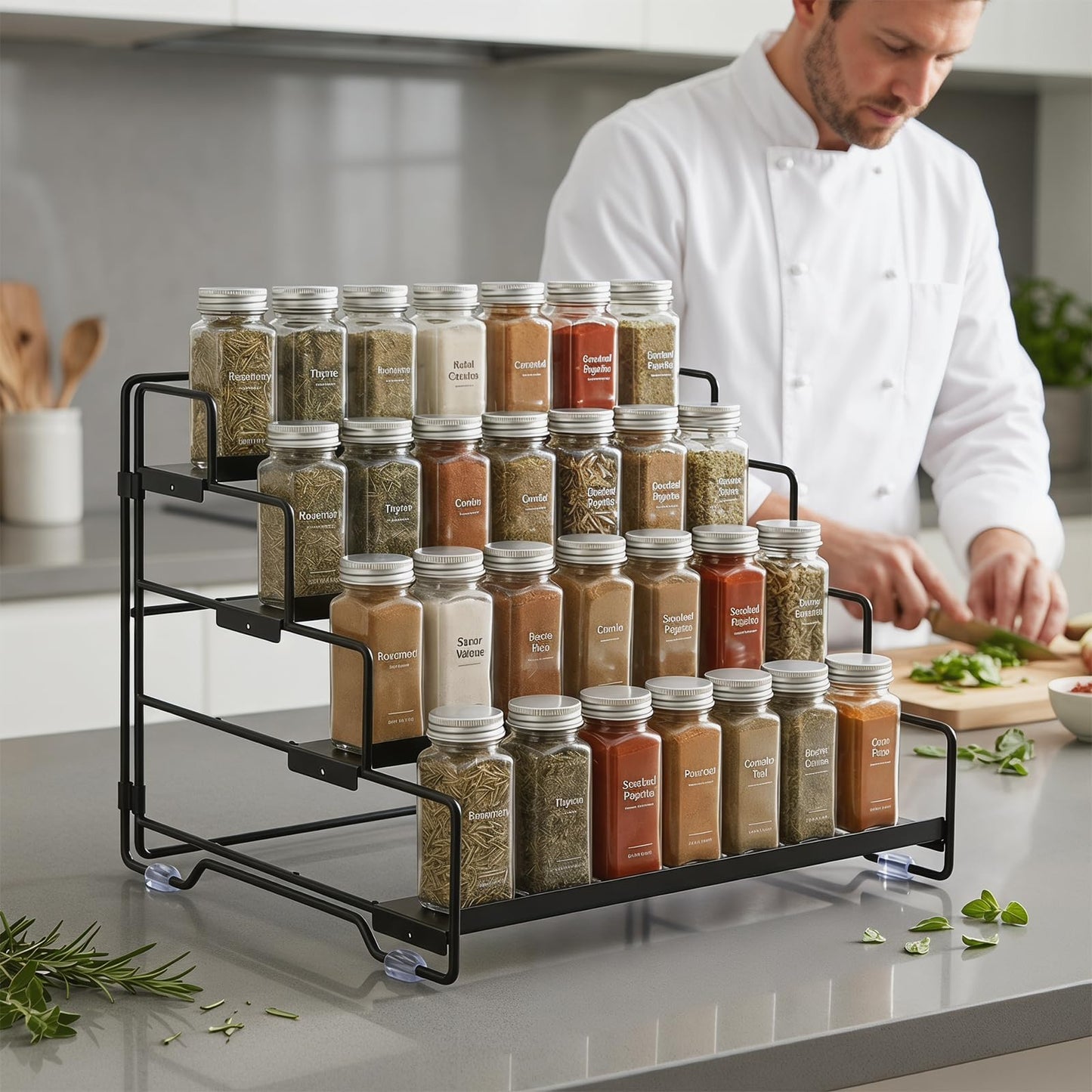KITREPAION Spice Rack Organizer for Cabinet, Tiered Adjustable Spice Shelf Organization, Metal Seasoning Rack for Kitchen Countertop Cupboard Pantry, Raised Edge Anti-Slip Design for Jars and Bottles