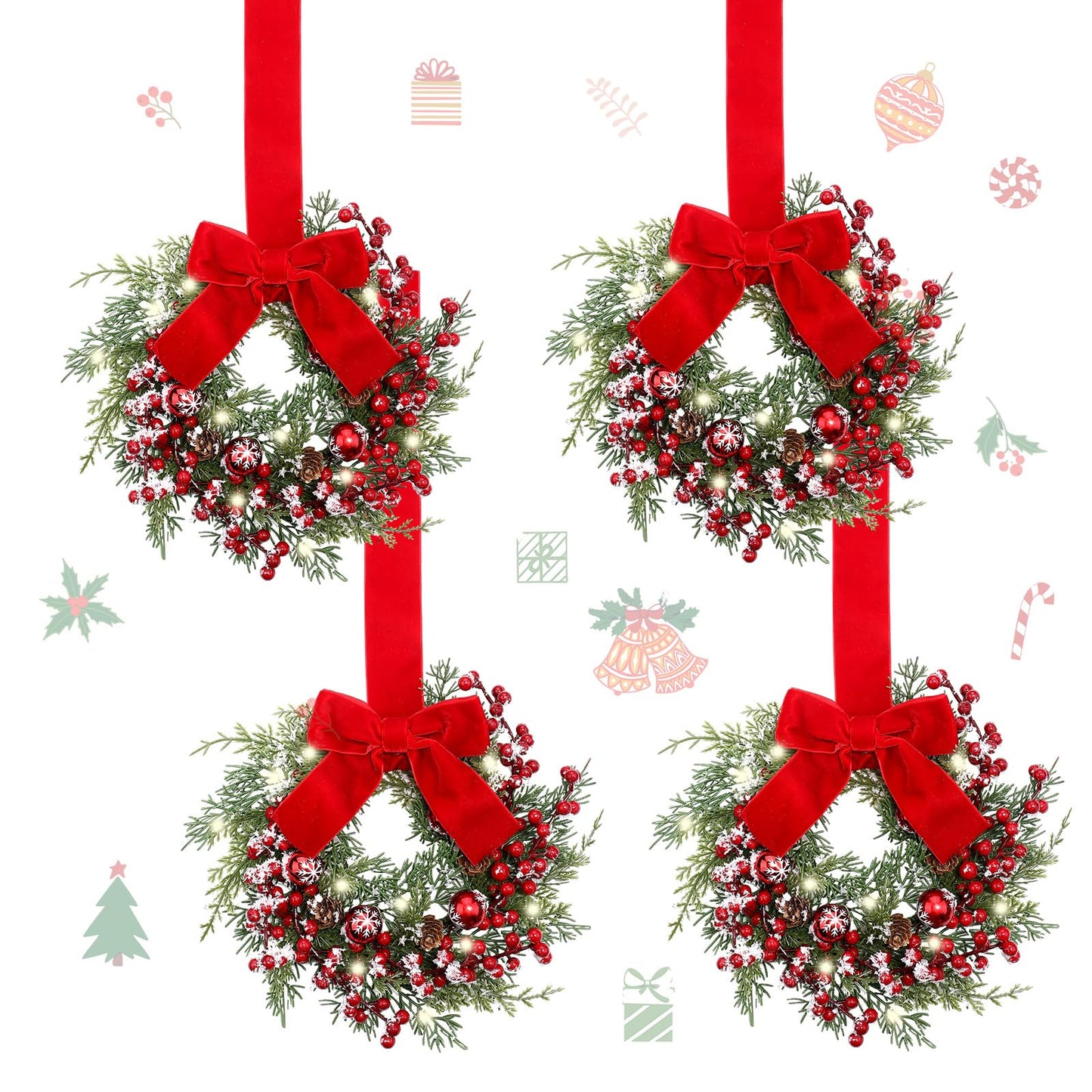Hoteam 4 Pcs 9 Mini Decor Wreaths Small Cabinet Wreath with Rustic Bow Outdoor Decorations for Porch Window Farmhouse Decor(Bells and Red Berries)