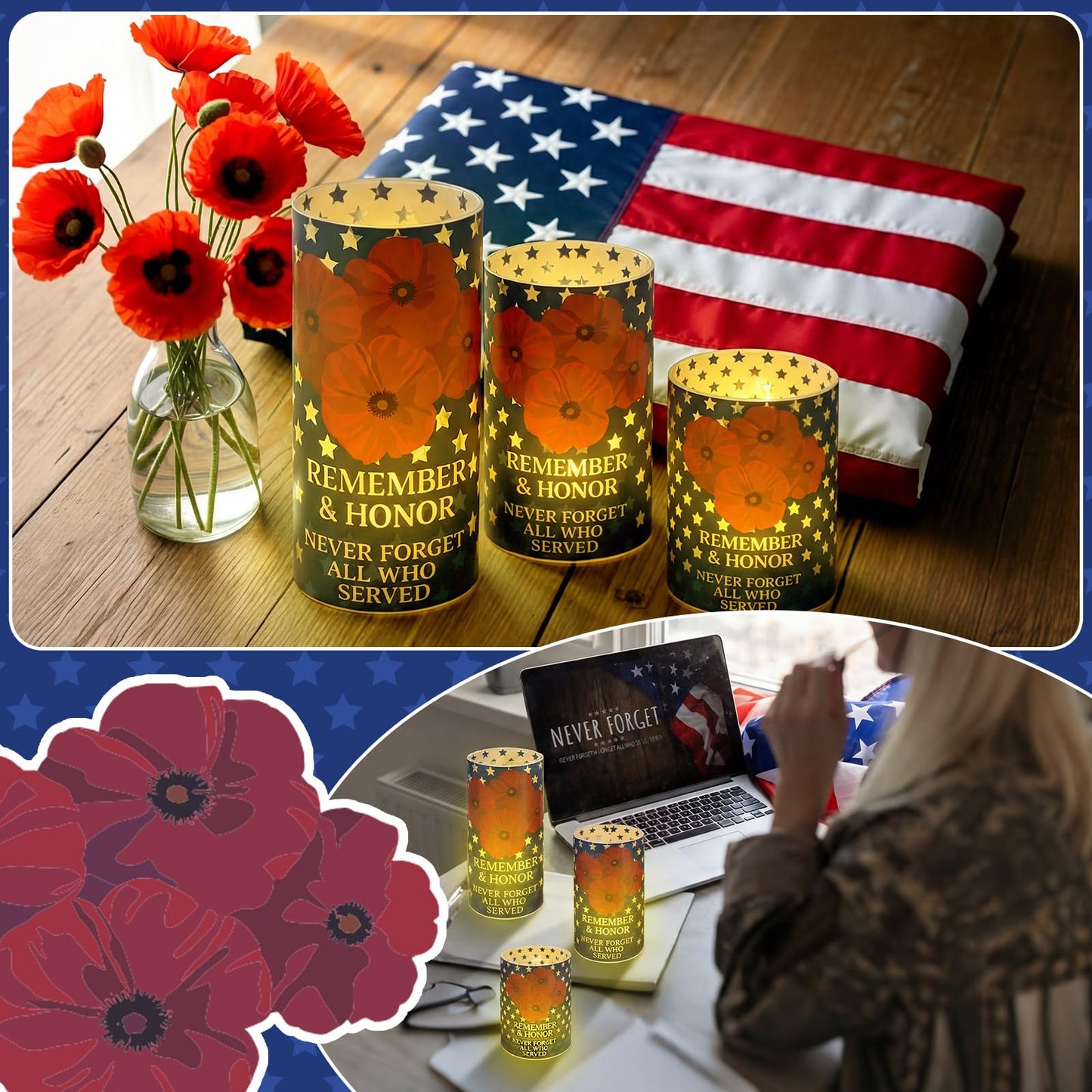 Baquler 3 Set Patriotic Flameless Candles White Red Blue Lampshade with LED Tea Lights Star Poppy Flower Candle Decorations for Independence 4th of July Veterans Day Tabletop Home Decor