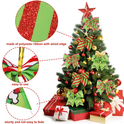 Wninbu 12 Pcs Red Green Christmas Bows,6 Inch Large Wreaths Bows for Tree Gift Wrapping Garland,Christmas Decoration Holiday Party Crafts Xmas Tree Ribbon Ornaments (Pattern)