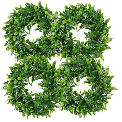 LSKYTOP 4 Pcs Boxwood Wreath Artificial Green Leaves Wreath Door Wall Window Decoration,11Inch/PC