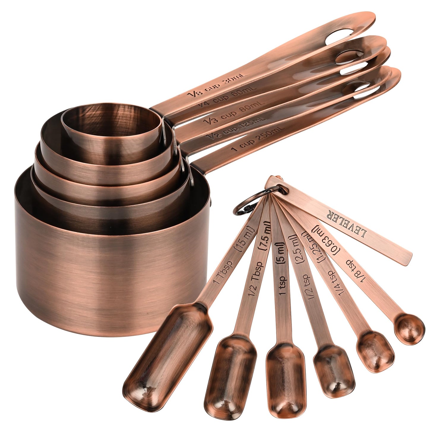 Nstezrne Copper Measuring Cups and Spoons Set, Stainless Steel Measuring Cups and Spoons Set 12, Metal Measuring Cups Set, 5 Measuring Cup Set and 6 Copper Measuring Spoons &Leveler for Kitchen