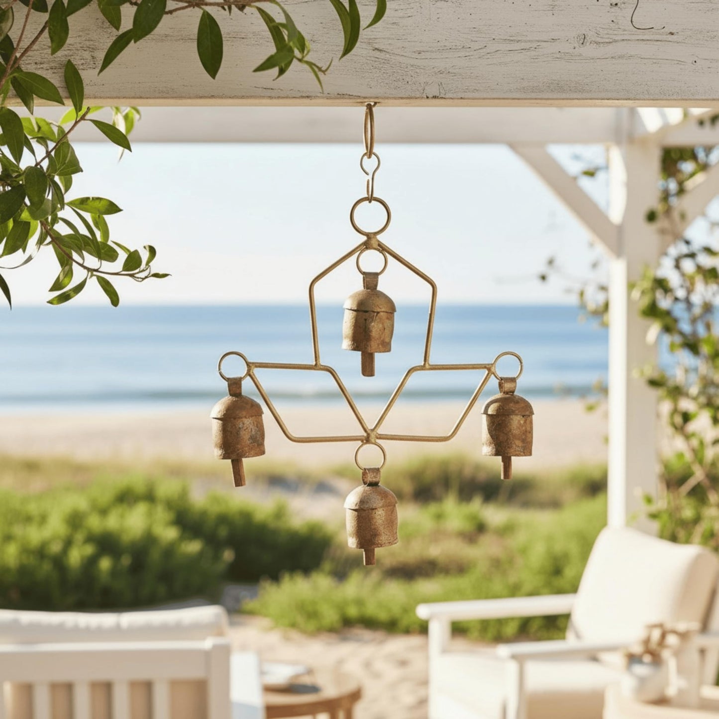 Handmade Wind Chime Bell – Rustic Hanging 4 Bell for Porch, Garden, Balcony, Christmas Decor – Farmhouse Jingle Bells, Witch Bells, Lucky Cow Bells, Boho Ornament Indoor Outdoor - 8 x 4 Inch