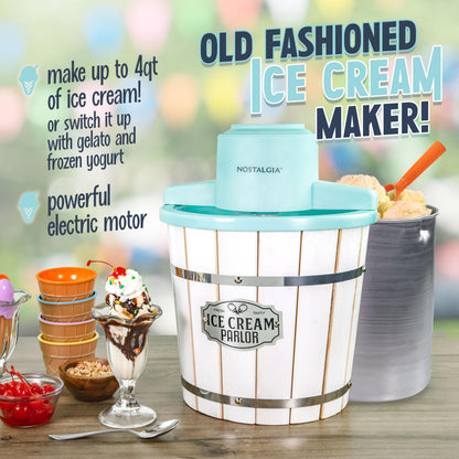 Nostalgia Electric Ice Cream Maker - Old Fashioned Soft Serve Ice Cream Machine Makes Frozen Yogurt or Gelato in Minutes - Fun Kitchen Appliance - Vintage Wooden Style - Light Wood - 4 Quart