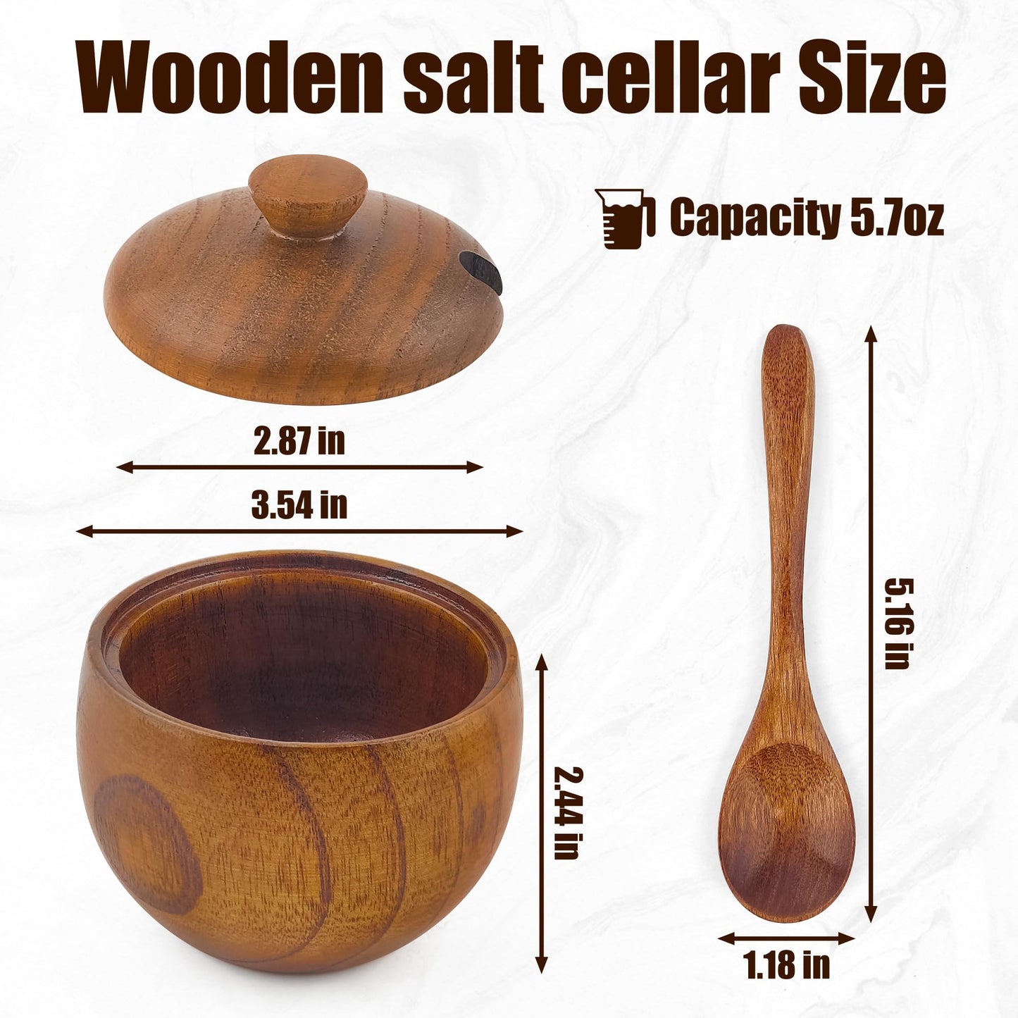 Yokudo Wooden Salt Cellar with Lid and Spoon 5.7 oz Kitchen Wooden Salt Box for Sea Salt,Spices and Herbs（1pcs）