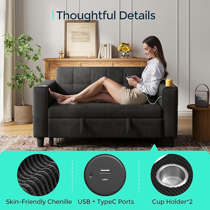 LINSY Sleeper Sofa Bed, Small 3 in 1 Convertible Loveseat Sleeper Couch