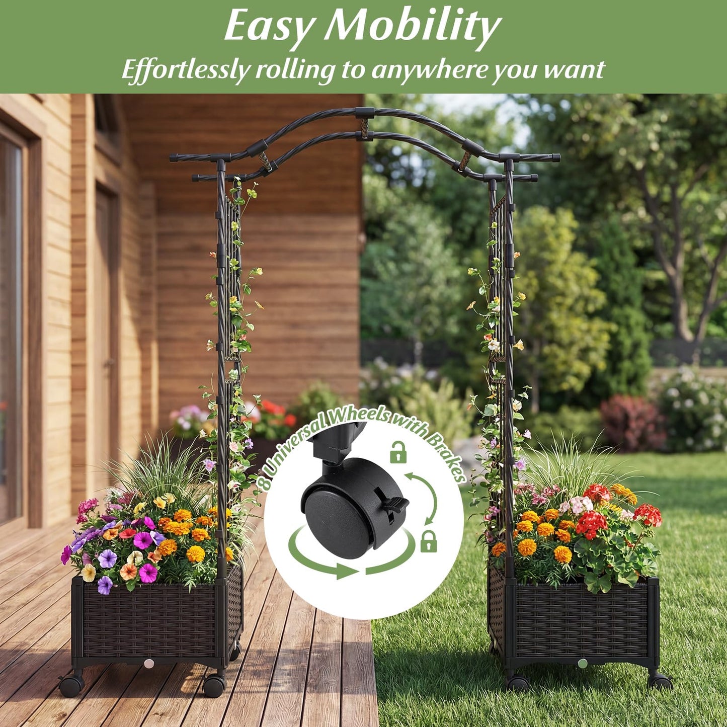 Giantex Planter Boxes with Arch Trellis, 5FT Self-Watering Tall Raised Garden Bed w/Wheels, Hanging Roof & Drainage Holes, Outdoor Indoor Tomato Planter for Climbing Vines Vegetables (60"x16"x58")