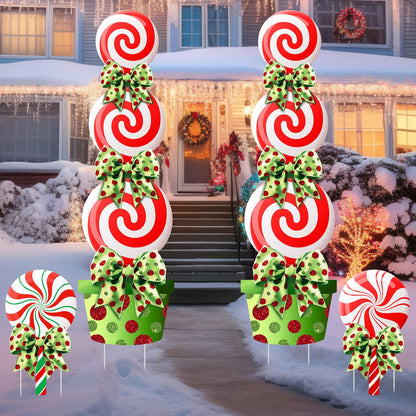 Meonum 4 Pcs Peppermint Candy Christmas Decorations Outdoor Large Christmas Yard Stakes Lime Green and Red Xmas Candy Garden Lawn Signs with Stakes and Bow for Home Pathway Walkway Party Decor(Green)