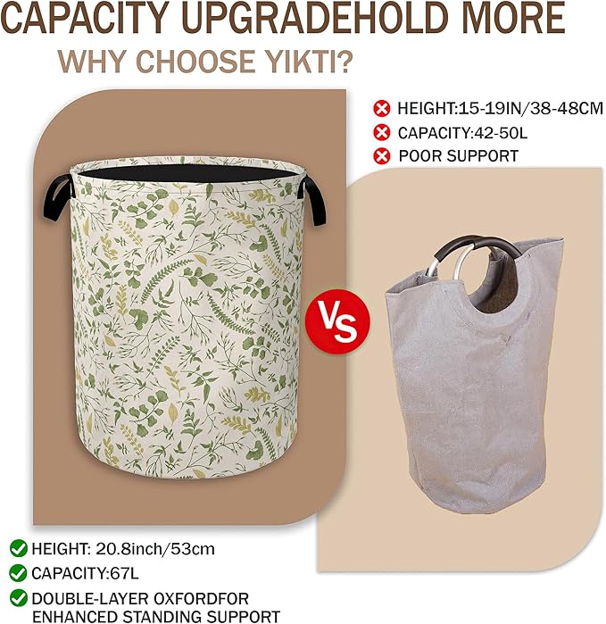 Green Herb Leaves Laundry Hamper, Rustic Wildflower Collapsible Laundry Baskets