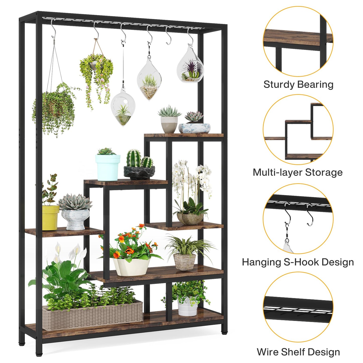 Tribesigns 5-Tier Tall Indoor Plant Stand, 70.9 inches Large Metal Plant Shelf with 6PC S Hanging Hooks, Multi-Purpose Flower Bonsai Pots Display Rack for Indoor, Garden, Balcony, Living Room