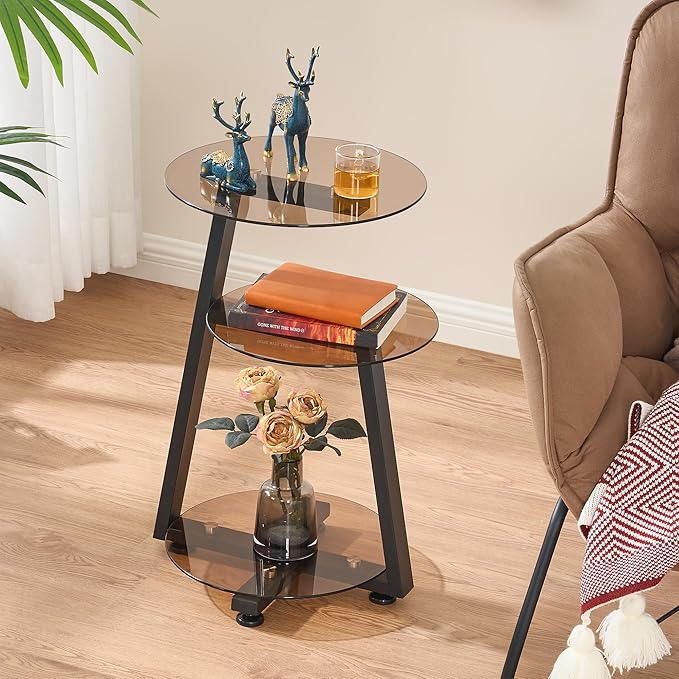 BEWISHOME Round End Table Tempered Glass Side Table