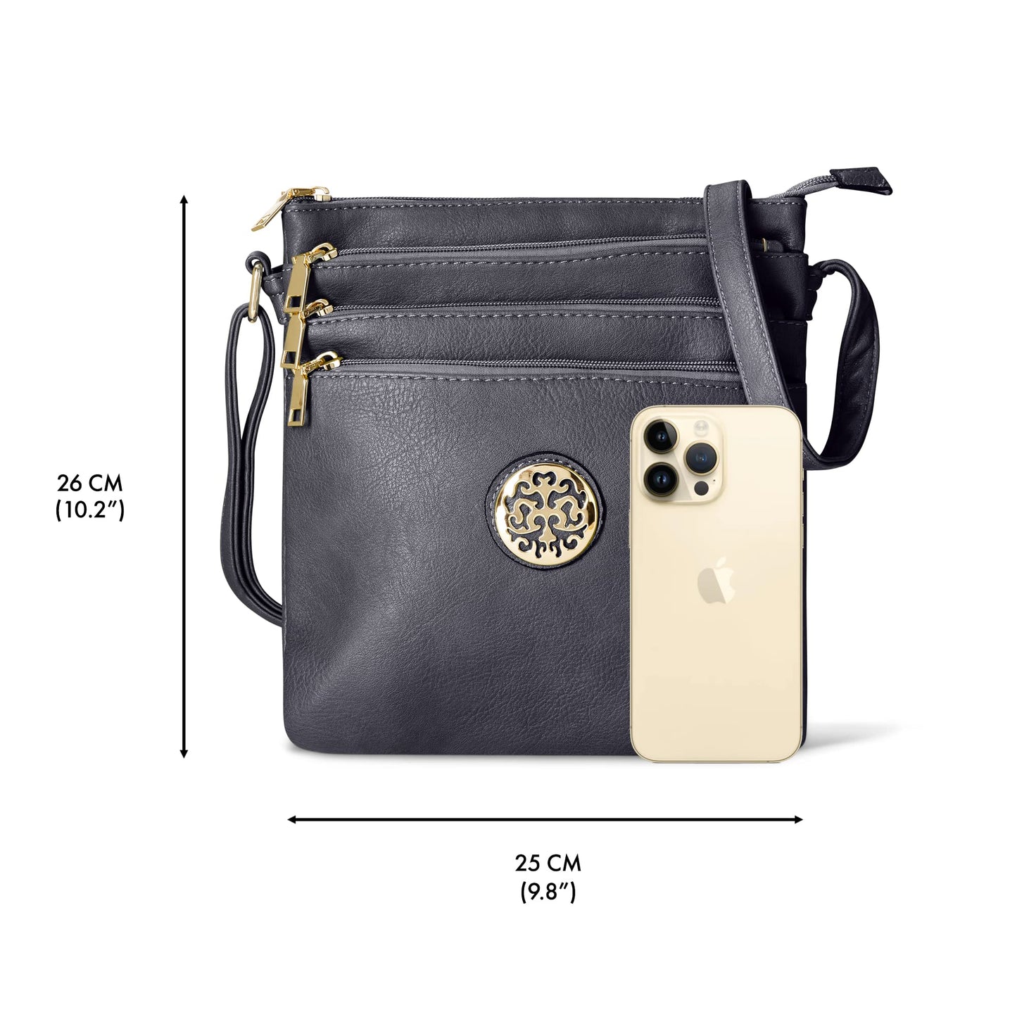 Woodland Leathers Crossbody Bags For Women, Multi Zipper Spacious Cross Body Bag Women With Adjustable Crossbody Strap, Golden decorated Women's Hobos & Shoulder Bags (Black)