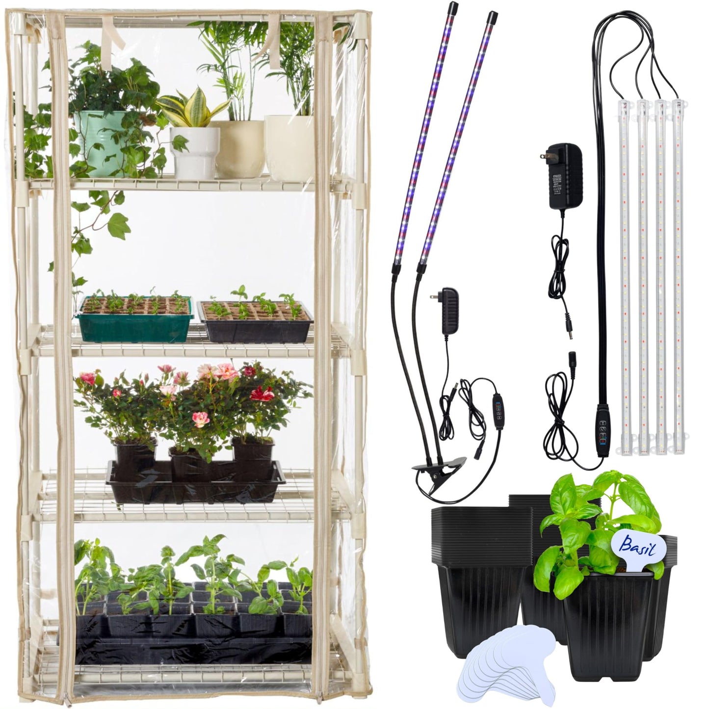 Carpathen Indoor Greenhouse with Grow Lights and 60 Nursery Pots Pack - 4 Tiers 27.2" L x 19.3" W x 54" H with 1 Dimmable 15W Full Spectrum LED Light Strip and 1 Gooseneck Plant Lamp Clip-on