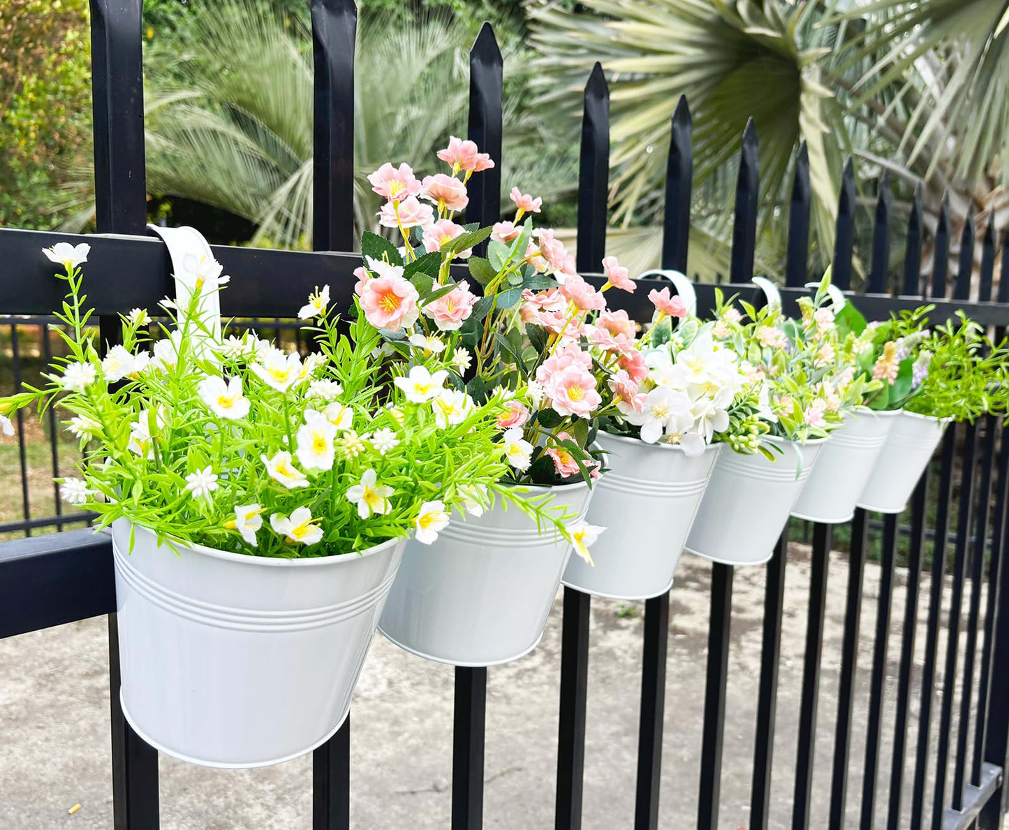 Joyfernal 6 Pack Hanging Flower Pots, 6" White Metal Balcony Planters for Herb Succulent, Samll Railing Fence Hanging Bucket for Outdoor/Indoor Decoration (White, Pack of 6)
