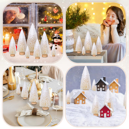 Leyndo 9 Pcs White Snow Flocked Artificial Mini Christmas Tree Sisal Bottle Brush Trees with Wood Base Christmas Pine Trees for Autumn Winter Holiday Kitchen Home Party Decor
