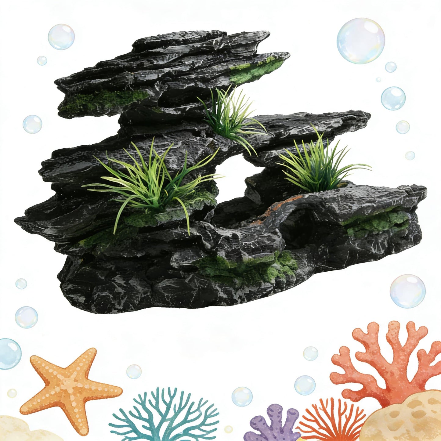 Voralis Fish Tank Mountain View Stone Ornament, Large - Sized Premium Aquarium Decor, Made of Safe Resin, Ideal Multi - Functional Spot for Betta, Snails, Turtles to Rest, Play and Basking