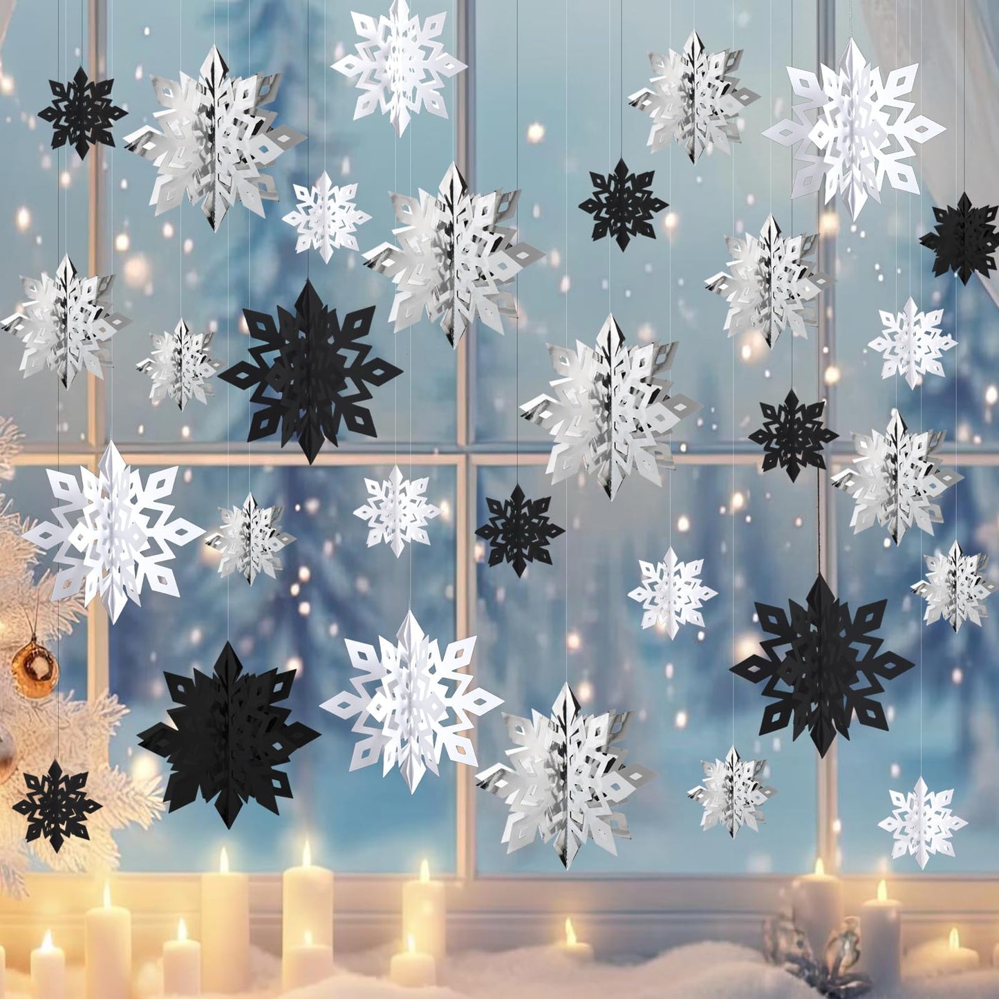 OuMuaMua Christmas Snowflake Decorations Indoor, 24PCS 3D Paper Snowflakes Hanging Ornaments Snowflake Garlands for Xmas Christmas Tree Winter Wonderland New Year Party Home Decorations