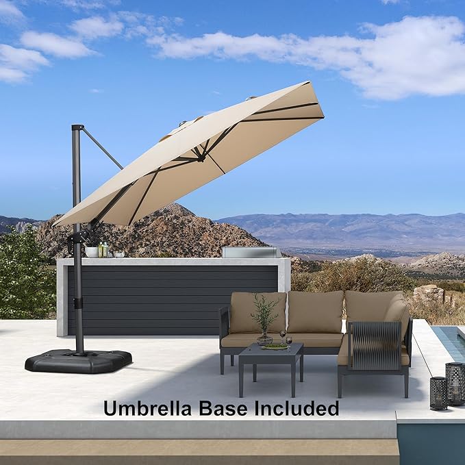PURPLE LEAF 8.8' X 8.8' Right-left Tilt Patio Umbrella with Base Outdoor Cantilever Swivel Square Umbrella with Tilt Aluminum Offset Umbrella with 360-degree Rotation for Garden Deck Pool Patio Beige