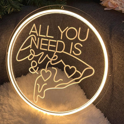 All You Need Is Love &Pizza Neon Sign For Wall Decor 3D Art Carving Design Indoor Bedroom Led Neon Signs Backdrop Flex Christmas Party Business Room Shop Window Birthday Gift(Warm White,USB,30×30CM)