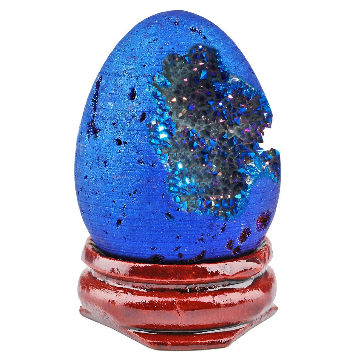 mookaitedecor Druzy Agate Geode Specimen, Deep Blue Titanium Coated Quartz Crystal Egg Figurines with Wood Stand