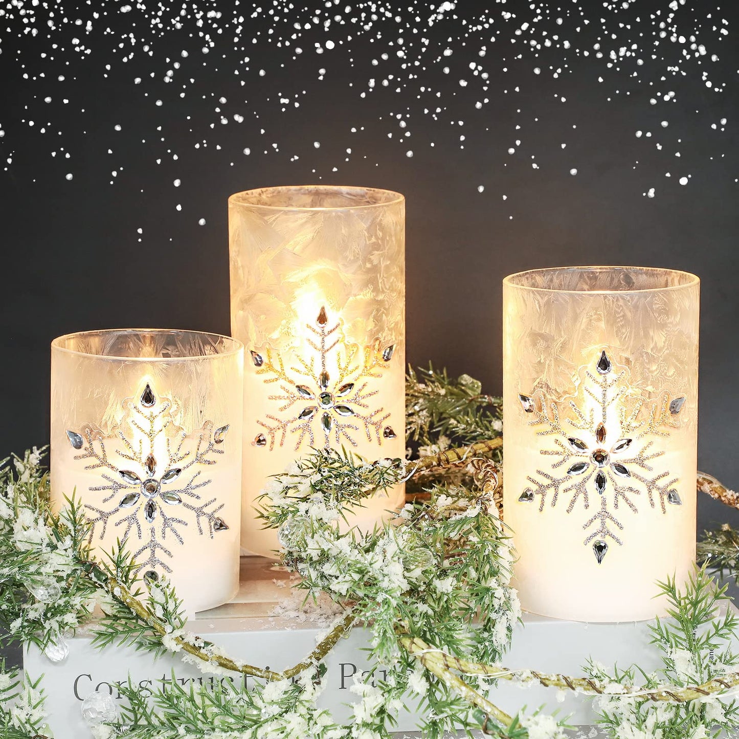 Immeiscent Christmas Flameless Candles, Jeweled Snowflake Iced Glass Candle, LED Flickering Pillar Candle with Timer&Remote for Xmas,Home Decor,Holiday,Set of 3 (D 3” X H 4” 5” 6”)
