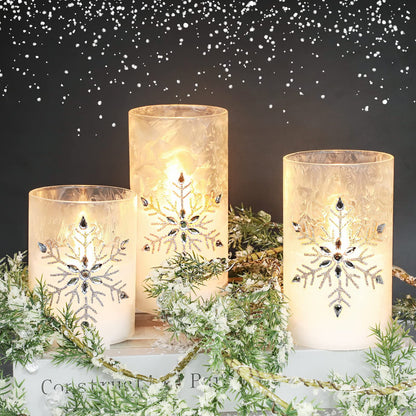 Immeiscent Christmas Flameless Candles, Jeweled Snowflake Iced Glass Candle, LED Flickering Pillar Candle with Timer&Remote for Xmas,Home Decor,Holiday,Set of 3 (D 3” X H 4” 5” 6”)