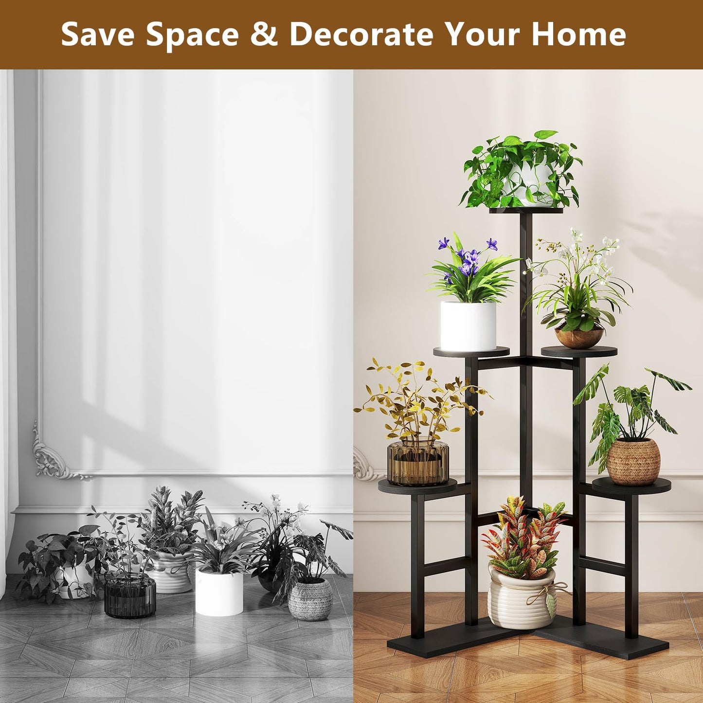 IBUYKE 6 Tier Plant Stand Indoor, Tall Flower Pot Stand for Multiple Plants, Tiered Corner Plant Shelf for Living Room Patio Balcony Garden, , Black TMJ072B