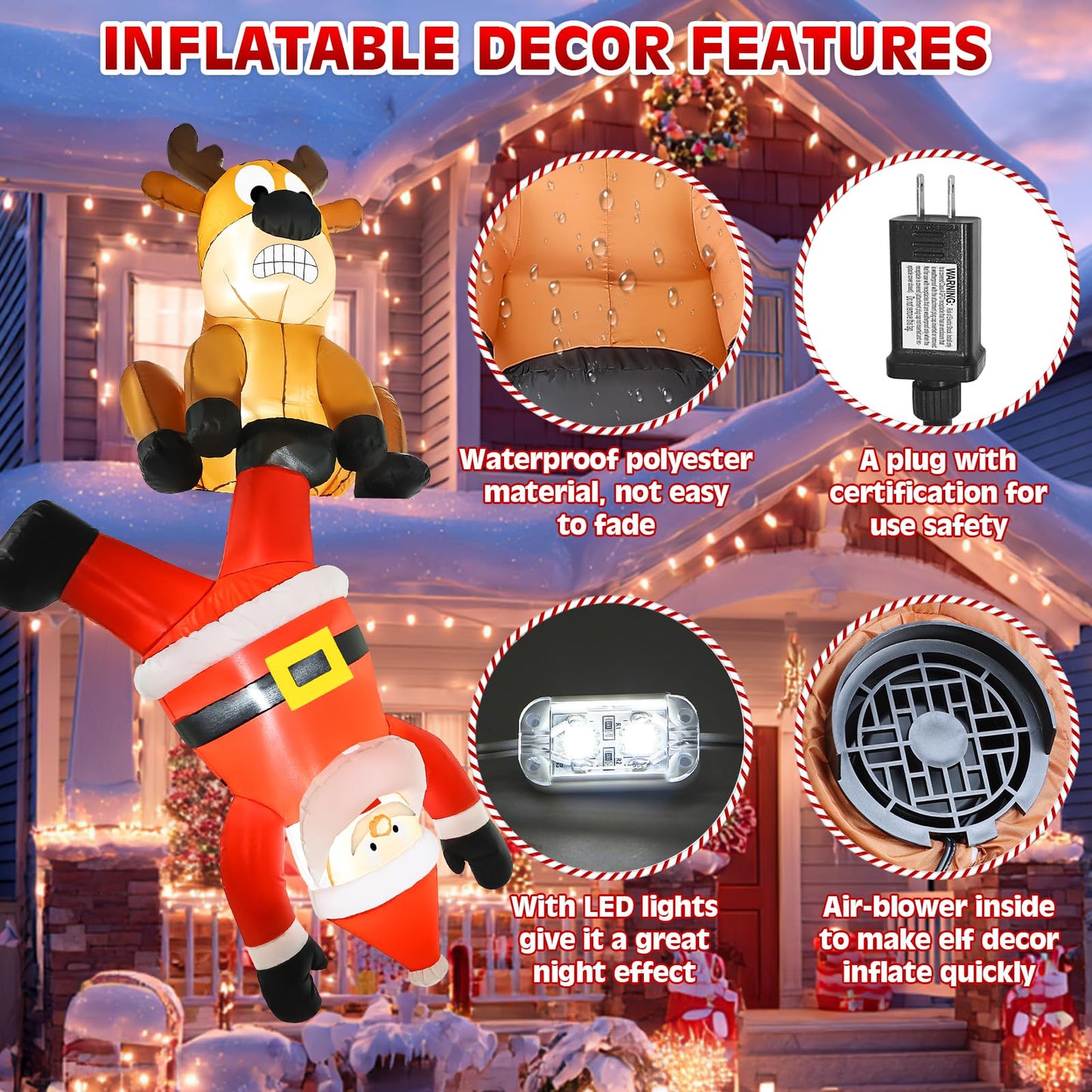Wabolay Christmas Inflatable Climbing Santa Claus & Reindeer Outdoor Decorations 8 FT Giant Funny Hanging Blow Up Yard Inflatables Xmas Party Blowups with Led Holiday Outside Garden Lawn Roof Decor