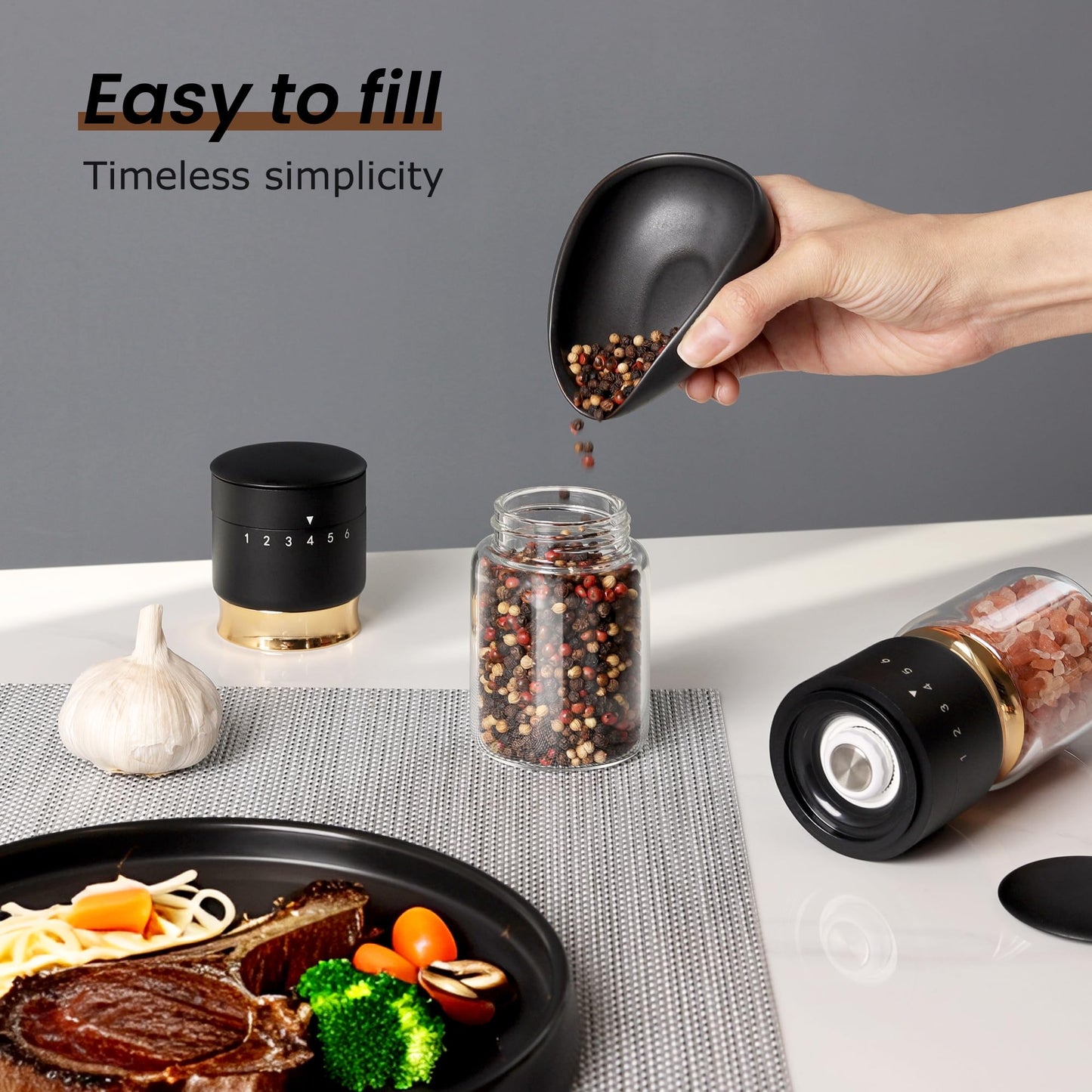 Gold Salt and Pepper Grinder Set with External Adjustable Coarseness Stainless Steel Sea Salt & Pepper Mill Set Ceramic Core Spice Grinder Refillable Glass Black and Gold Shaker Kitchen Accessories