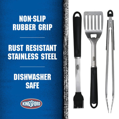 Kingsford Stainless Steel 3-Piece BBQ Tool Set | Tongs, Basting Brush, Spatula | Rust-Resistant Grilling Tools