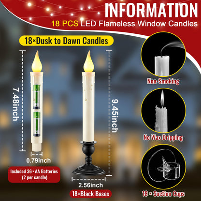 18 Pack Battery Operated Window Candles with Sensor Dusk to Dawn, Ivory Flameless Taper Candlesticks with Removable Black Base & Suction Cups, LED Candlestick for Christmas Decor Home, 36 AA Batteries