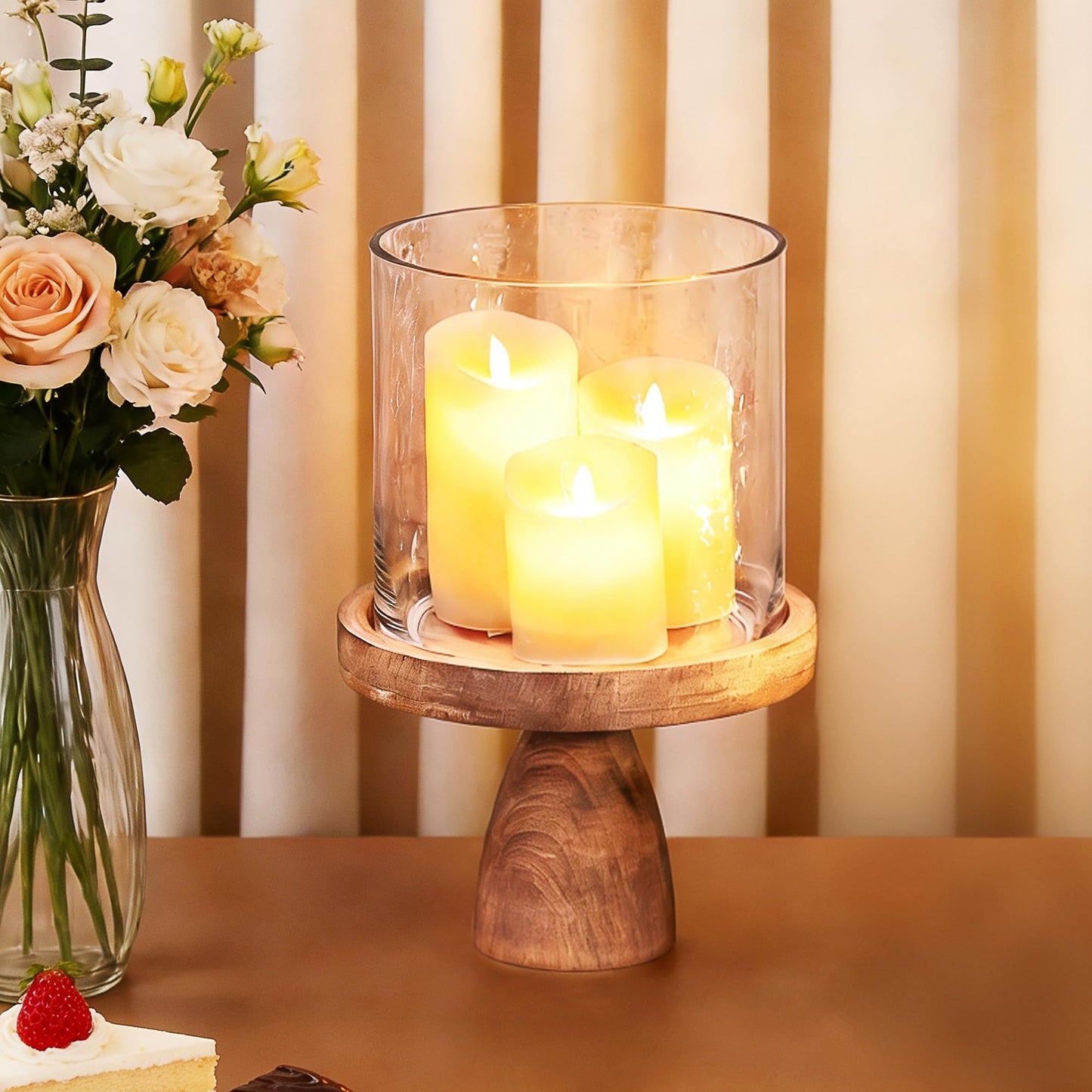 9" Wide Farmhouse Glass Hurricane Candle Holder & Glass Vase with Vintage Natural Sturdy Solid Wooden Base for Pillar & Flower Arrangement, Terrarium, Centerpiece, Console Table, Dining Table, Mantel
