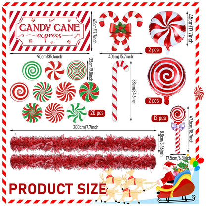 Leyndo 46 Pcs Christmas Golf Cart Decorations Kit Christmas Candy Cane Parade Decor Red Green and White Car Decoration with Banner Candy Cane Hanging Garland Stickers Balloon for Xmas Party