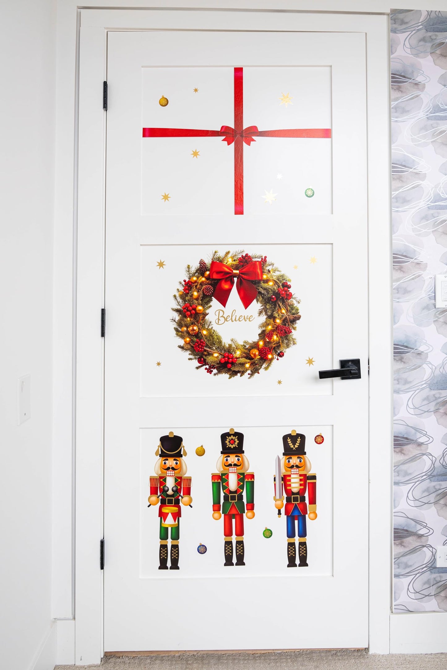 Wall Wear Classic Christmas Decal Kit – 9 Peel & Stick Sheets with Festive Ornaments, red Bows, Nutcracker & Wreaths. Removable, Water-Resistant & Rental-Safe Holiday Wall décor.