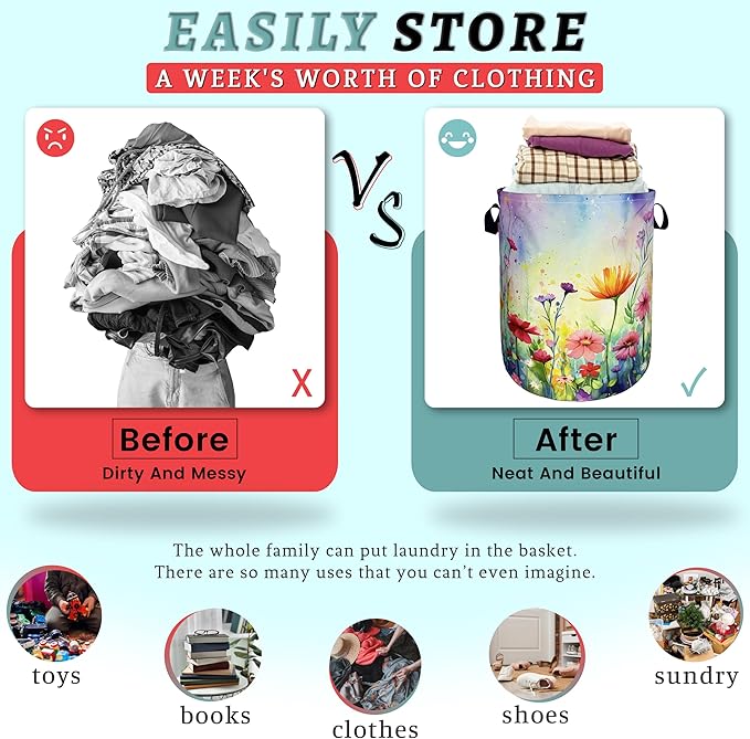 Watercolor Flowers Laundry Basket Wildflower Foldable Funny Laundry Hamper