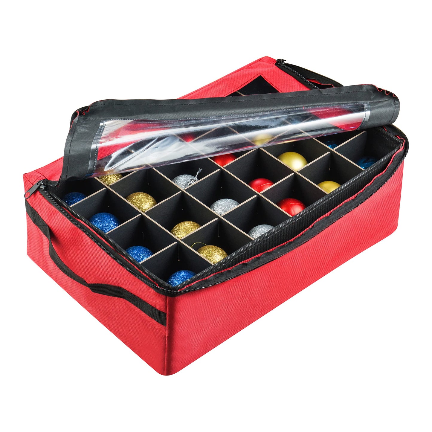Ornament Storage Box - Zippered Lid Organizer with 48 Individual Compartments and Dividers for Christmas Bulbs and Decorations by Tiny Tim Totes (Red)