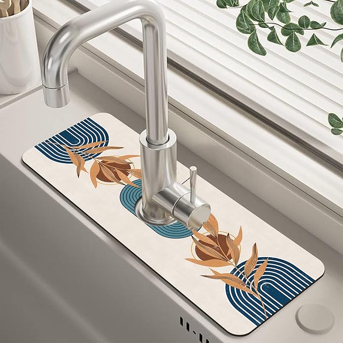 Abstract Blue Minimalistic Sink Faucet Absorbing Mat Sink Splash Guard Faucet