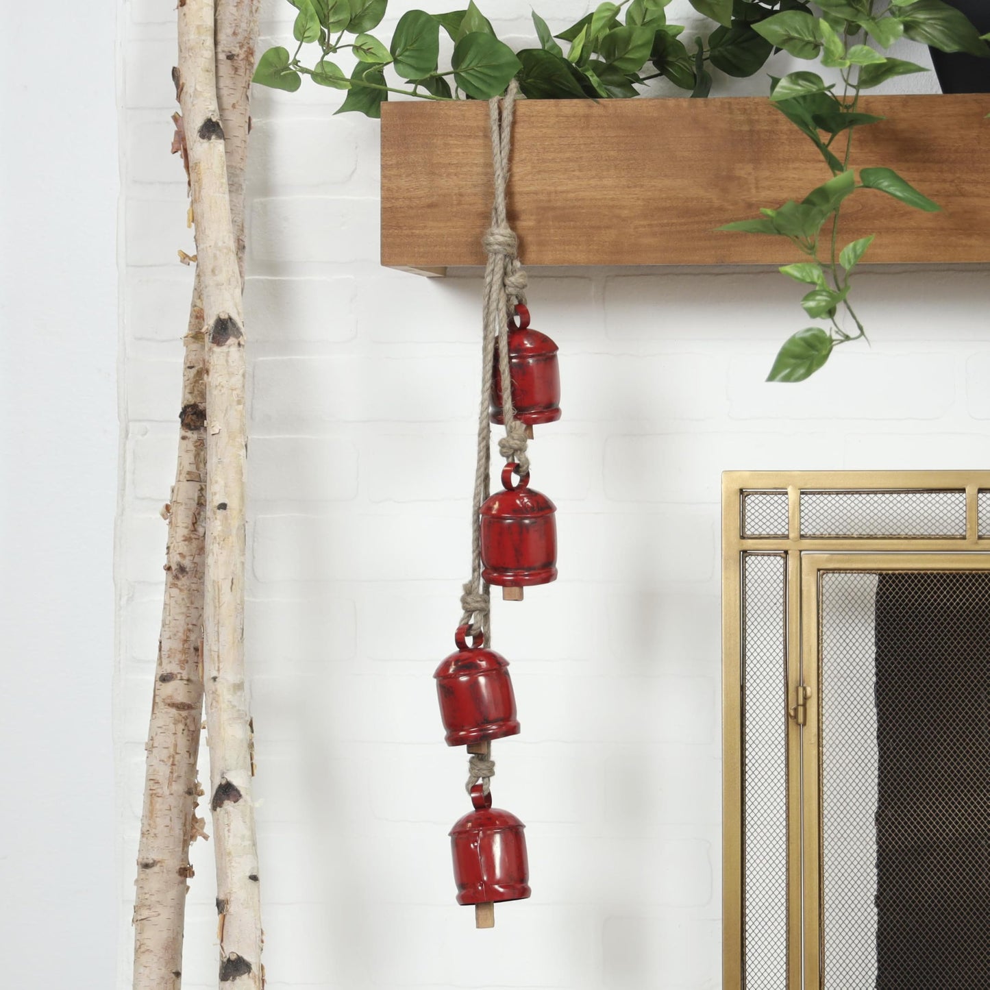 Deco 79 Metal Indoor Outdoor Decorative Cow Bells Tibetan Inspired Cascading Meditation Bell with 4 Bells on Jute Hanging Rope, Cow Bell 3" x 3" x 27", Red