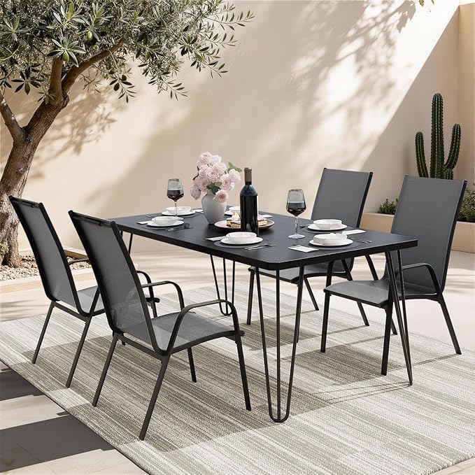 JEAREY Patio Dining Chairs Set of 4, Outdoor Stackable Dining Furniture Set, All Weather Dining Set for Lawn, Garden, Backyard, Poolside, Deep Gray