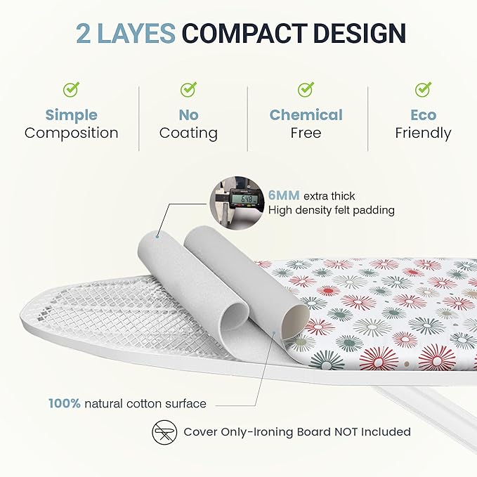 Ironing Board Cover and Pad 15"x54" Extra Thick Natural Cotton, Scorch and