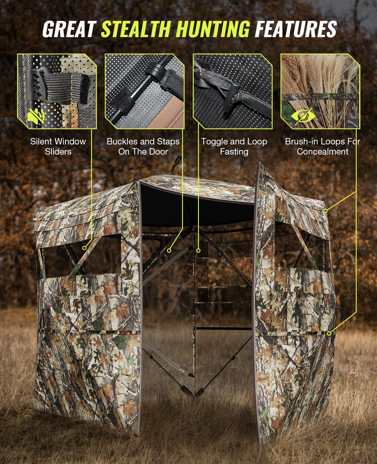 Hunting Blind 360° Silent See Through Blind with Swing Door, 2-3 Person Pop Up Ground Blind with Carrying Bag, Portable Hunting Tent for Deer & Turkey Hunting