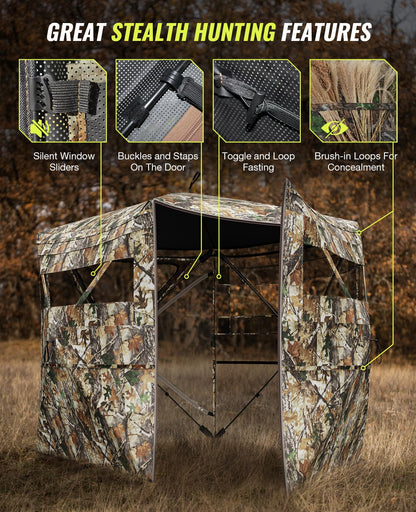 Hunting Blind 360° Silent See Through Blind with Swing Door, 2-3 Person Pop Up Ground Blind with Carrying Bag, Portable Hunting Tent for Deer & Turkey Hunting