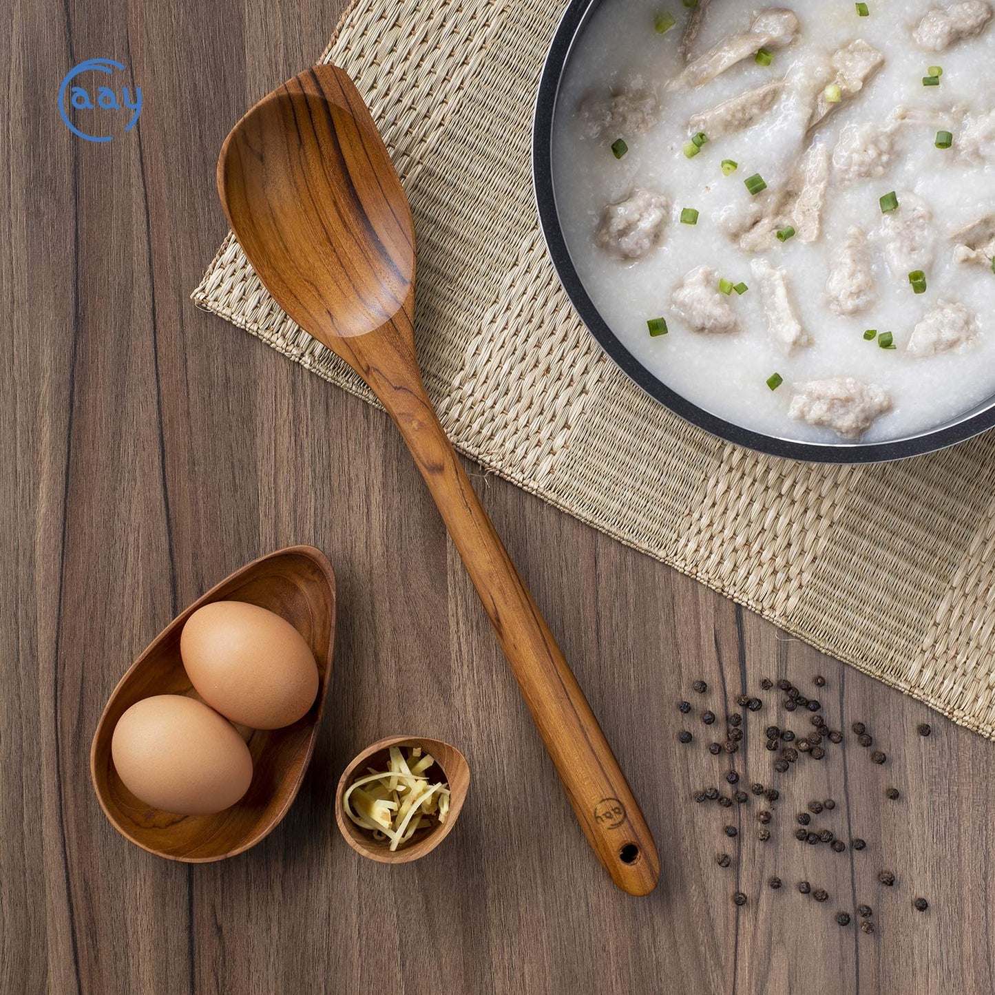Teak Wooden Spoon for Cooking, Right Hand Corner Spoon, Nonstick Cookware