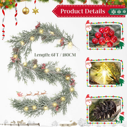 6FT Christmas Garland with Lights, Pre-Lit Artificial Pine Garland with Red Berries, Lighted Flocked Garland for Table Mantle Fireplace Door Stairs Windows Wall Indoor Outdoor Holiday Christmas Decor